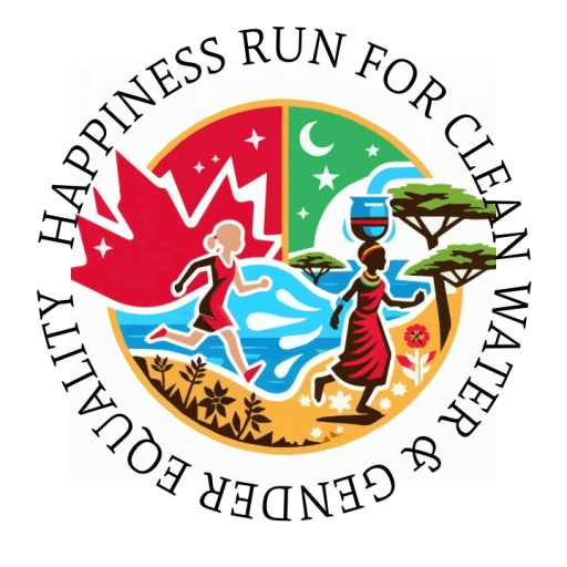 The logo features a circular design with two women. The one on the left represents a Canadian girl running with a maple leaf in the background. The woman on the right represents a Tanzanian woman, walking with a water jug on her head. The background includes elements of nature such as acacia trees and water. Surrounding the circle are the words "HAPPINESS RUN FOR CLEAN WATER & GENDER EQUALITY."